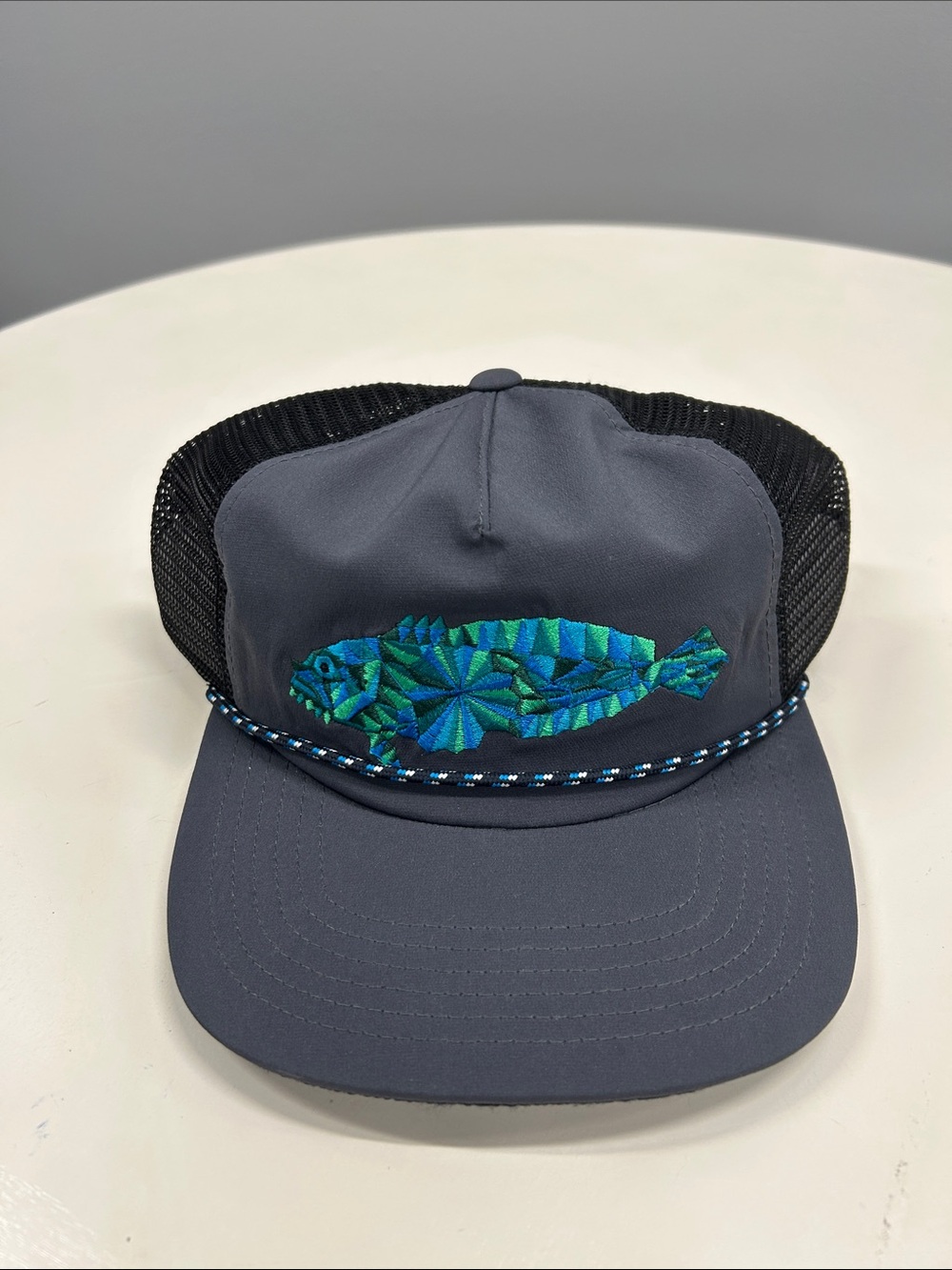 Gray Trucker Hat with Blue-Green Fish Embroidery - Toadfish